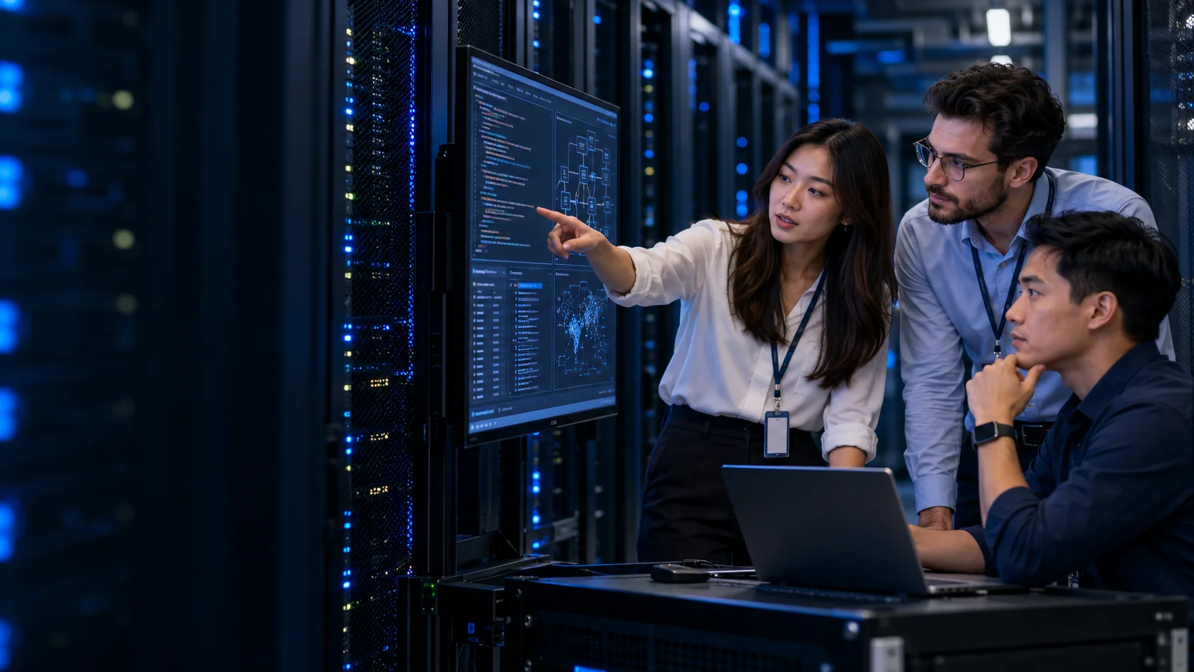 Visa Centre research team reviewing technical architecture in a secure server room