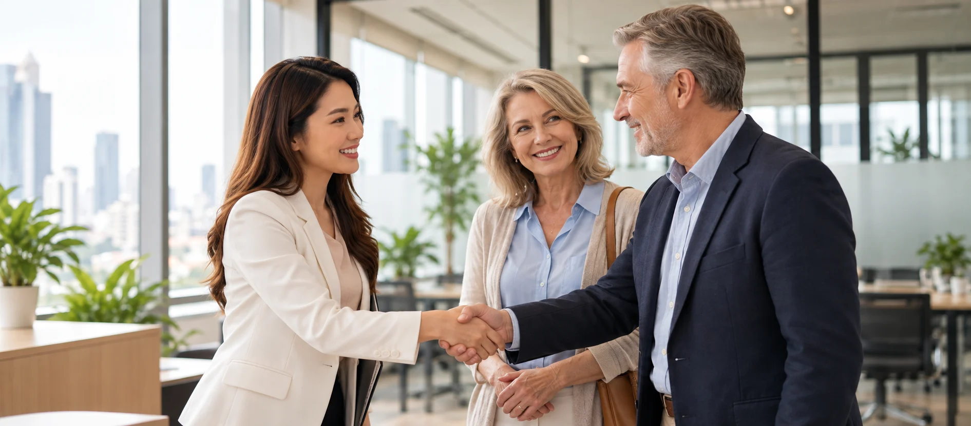 Visa Centre service assistant welcoming a mature couple to the Bangkok office