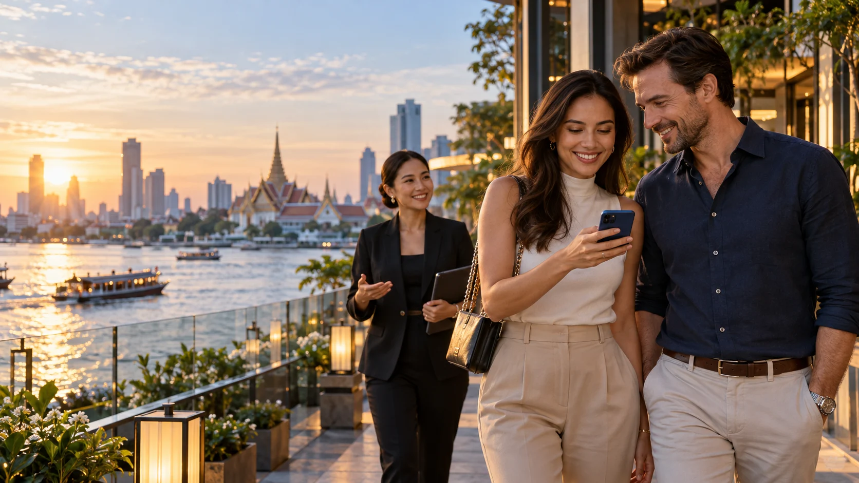 Thailand residents reading a Visa Centre update beside Bangkok's riverside