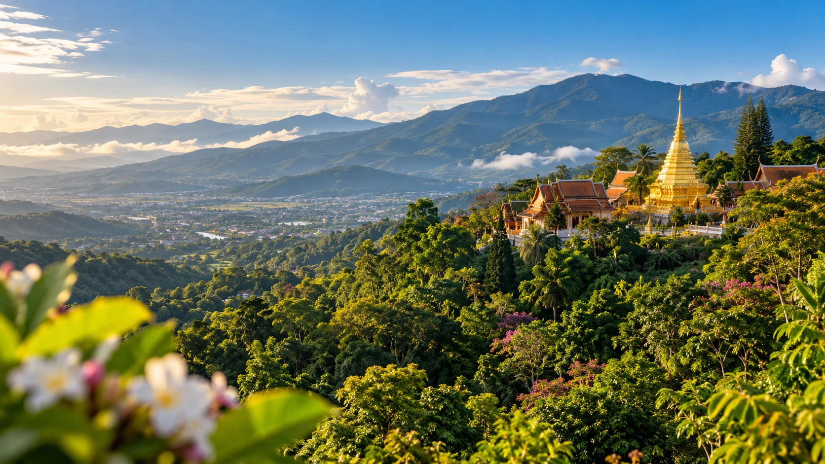 Doi Suthep among the green mountains and tropical landscape of Chiang Mai